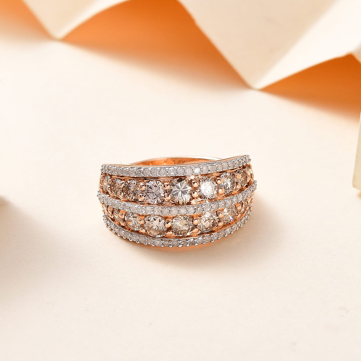 14K Rose Gold Certified Natural Champagne Diamond (I1-I2) and White Diamond Ring 2.00 Ct.