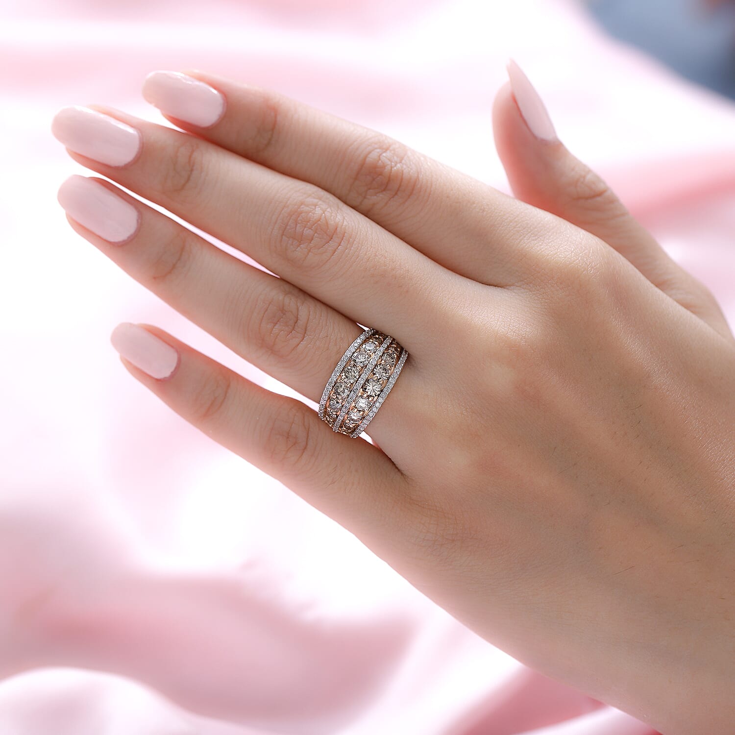 14K Rose Gold Certified Natural Champagne Diamond (I1-I2) and White Diamond Ring 2.00 Ct.