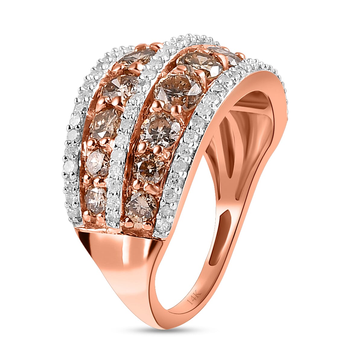14K Rose Gold Certified Natural Champagne Diamond (I1-I2) and White Diamond Ring 2.00 Ct.