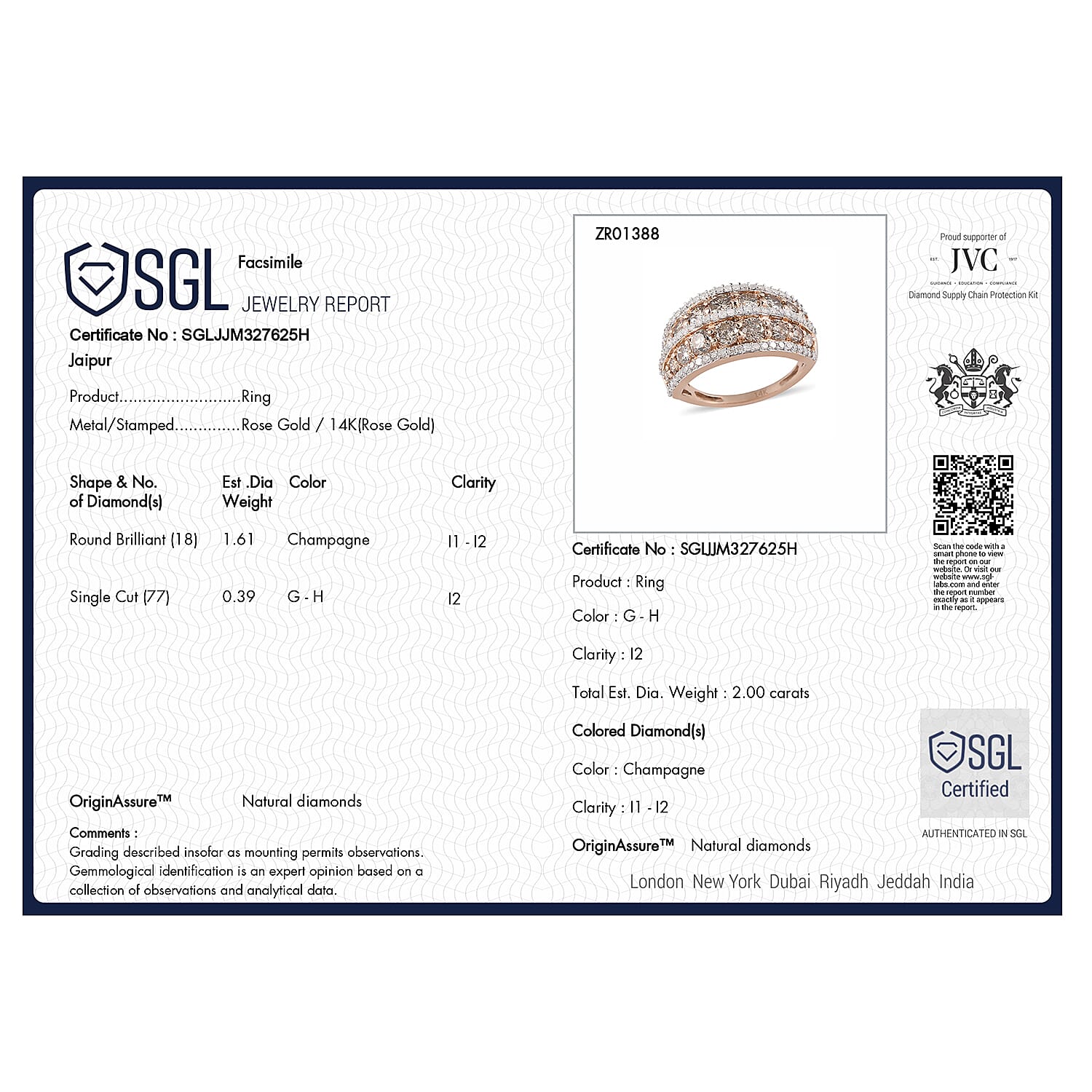 14K Rose Gold Certified Natural Champagne Diamond (I1-I2) and White Diamond Ring 2.00 Ct.