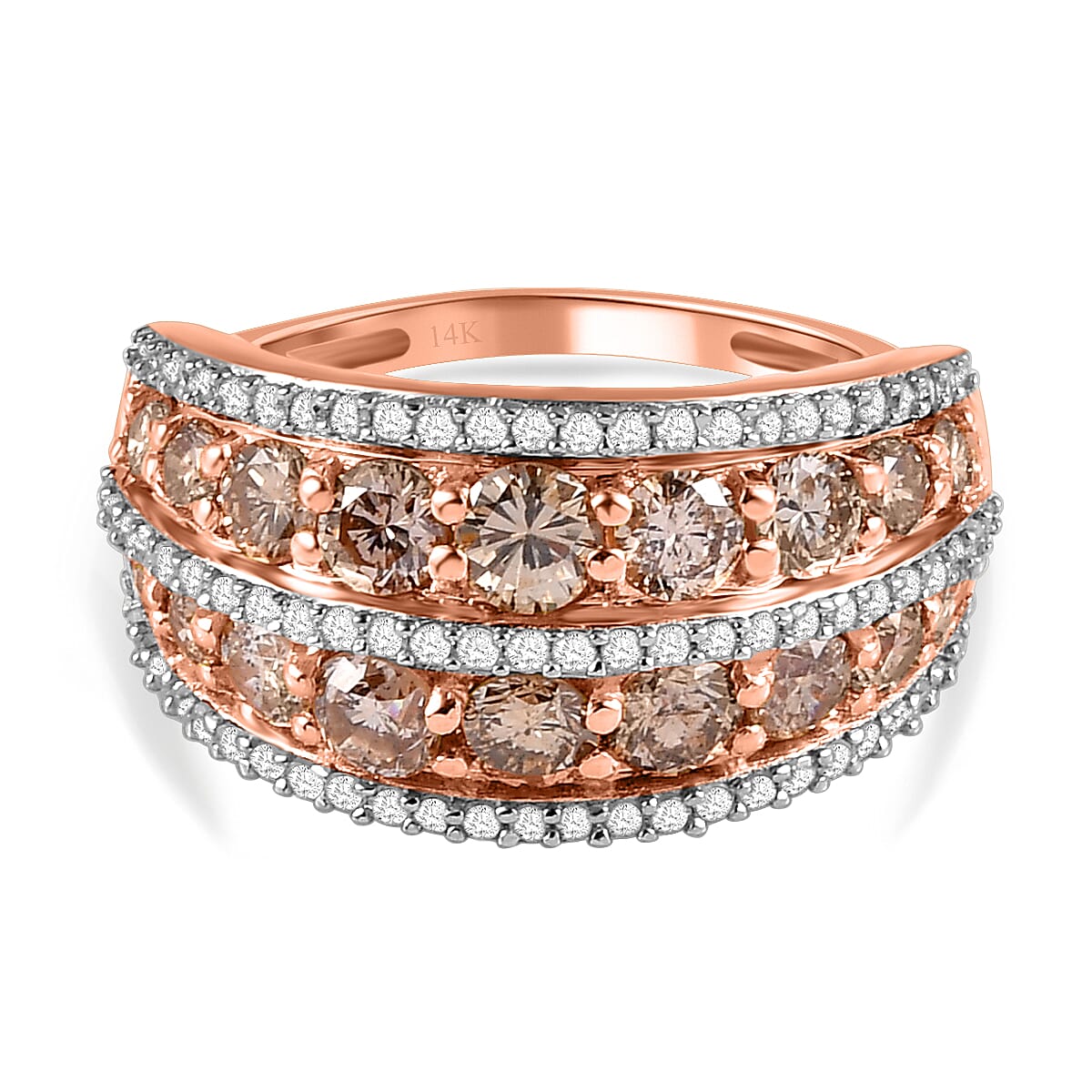 14K Rose Gold Certified Natural Champagne Diamond (I1-I2) and White Diamond Ring 2.00 Ct.