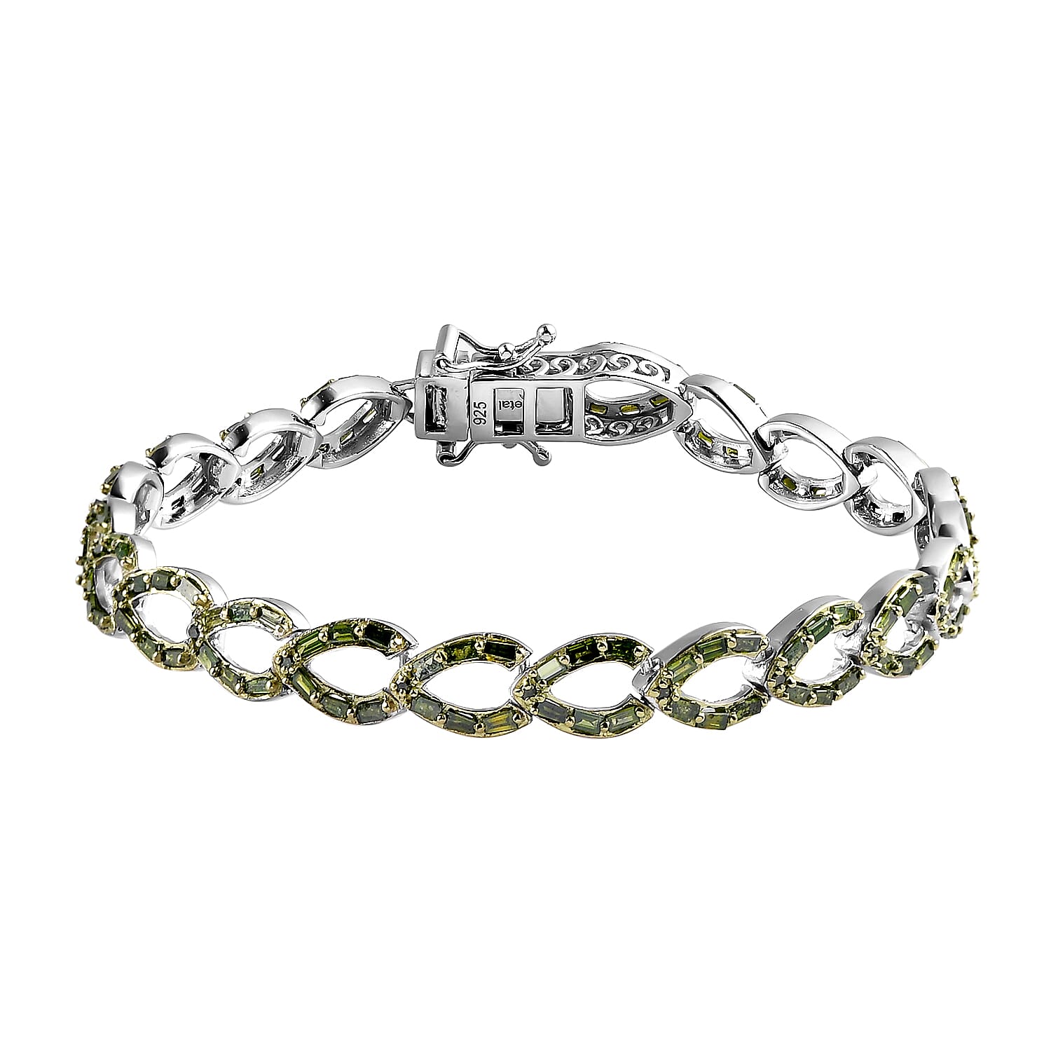 Close Out Deal - Green Diamond Pear Link Bracelet (Size - 7.5) in Platinum Overlay Sterling Silver 3.00 Ct, Silver Wt. 12.91 Gms