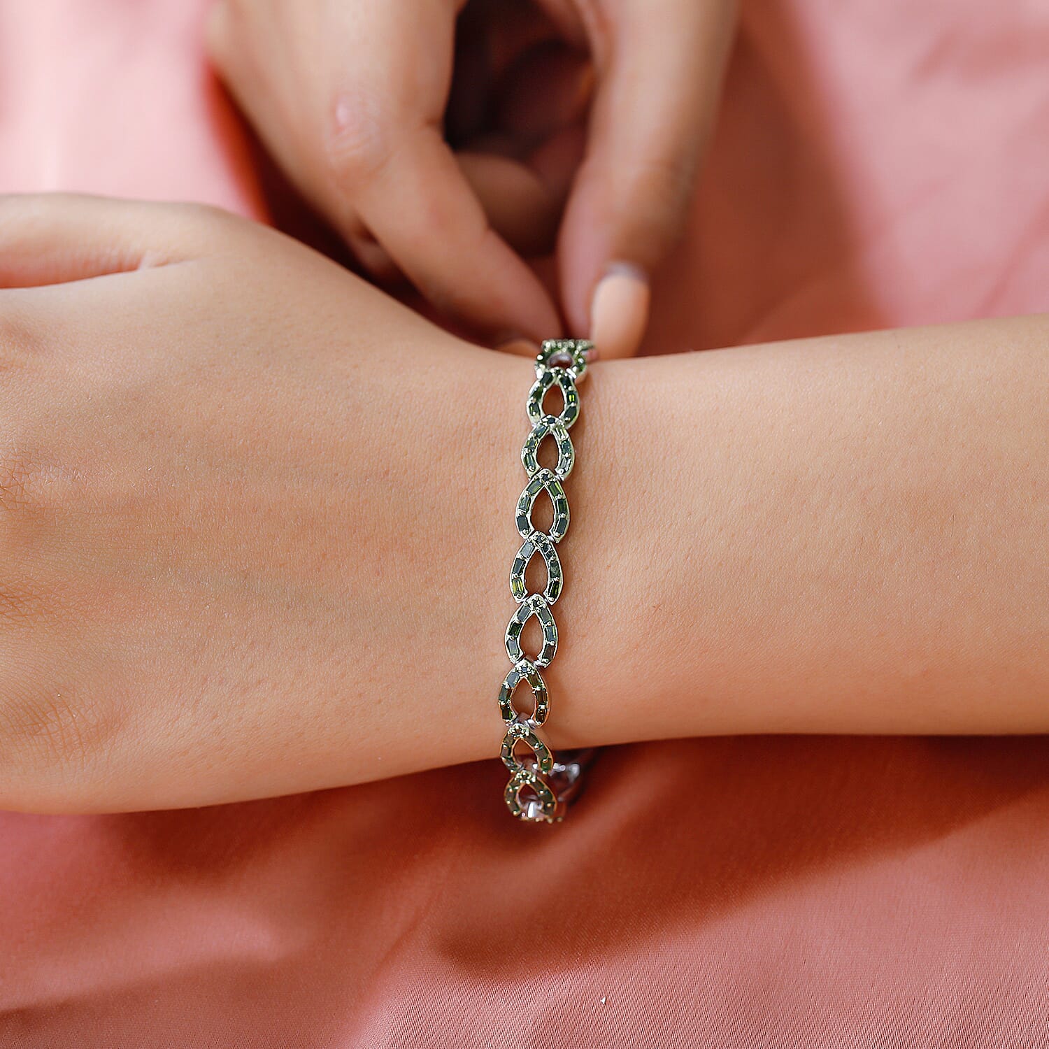 Close Out Deal - Green Diamond Pear Link Bracelet (Size - 7.5) in Platinum Overlay Sterling Silver 3.00 Ct, Silver Wt. 12.91 Gms