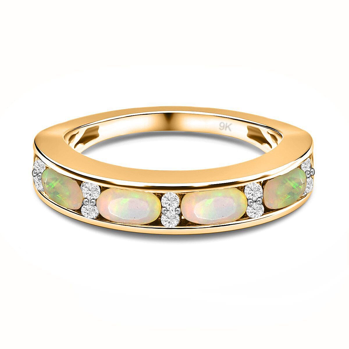 9K Yellow Gold Ethiopian Welo Opal and Diamond Ring 0.74 Ct.