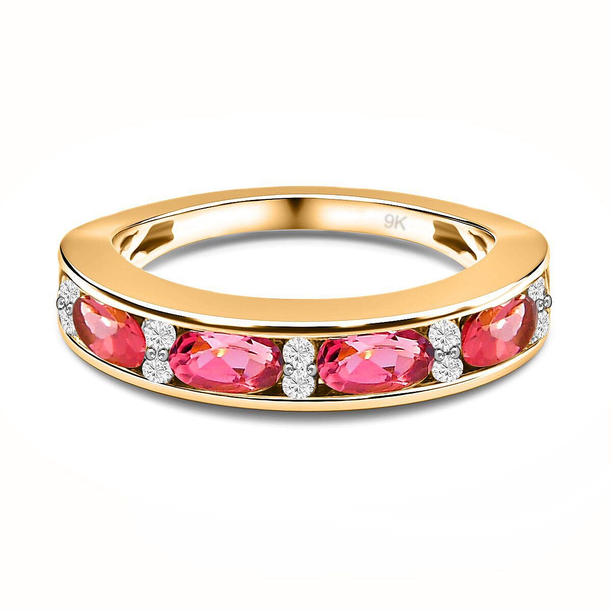 9K Yellow Gold Pink Tourmaline and Diamond Half Eternity Ring 1.09 Ct.