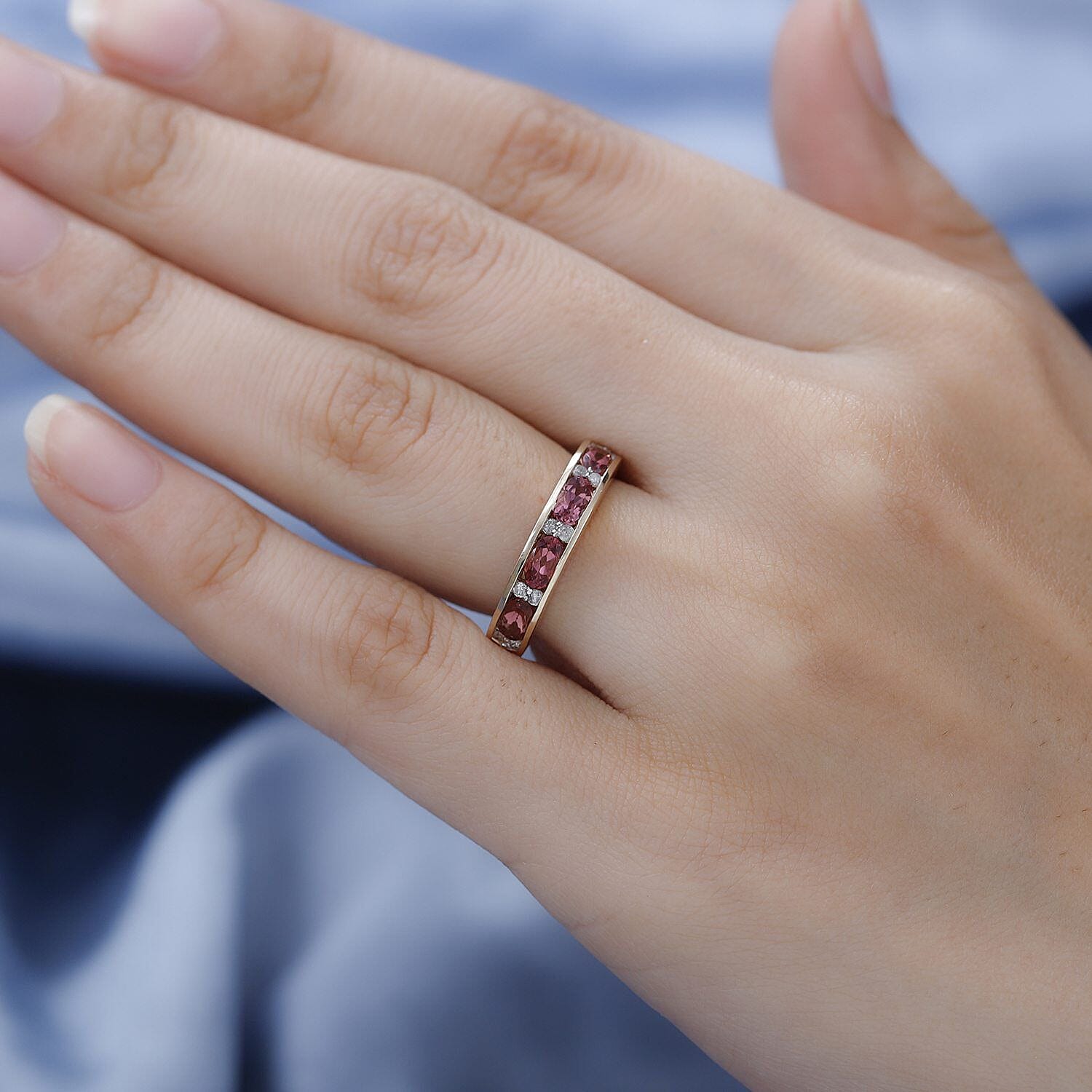 9K Yellow Gold Pink Tourmaline and Diamond Half Eternity Ring 1.09 Ct.