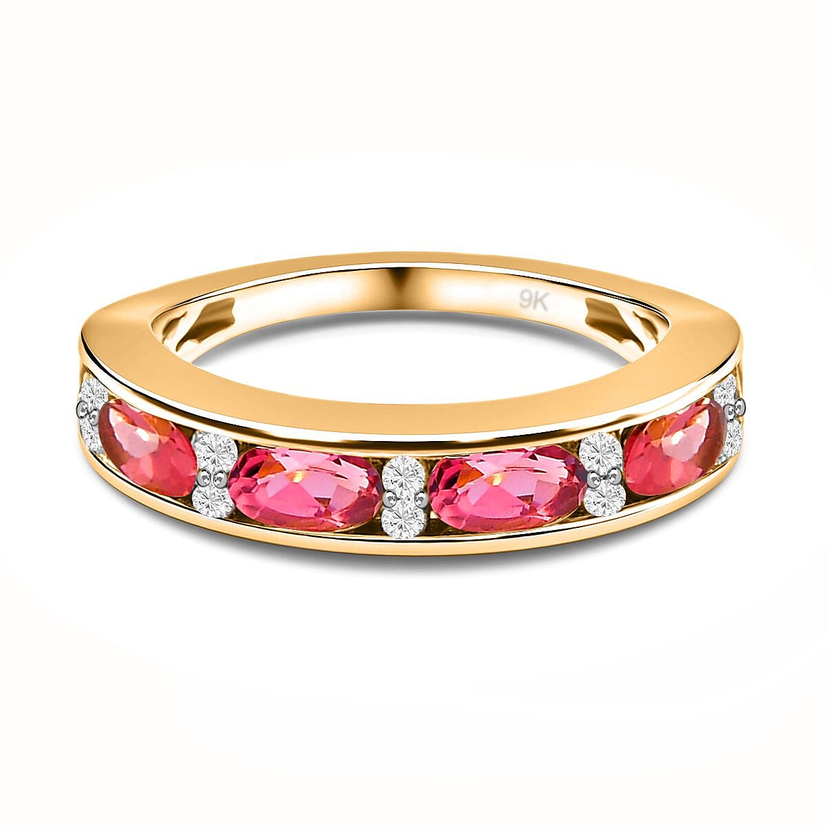 9K Yellow Gold Pink Tourmaline and Diamond Half Eternity Ring 1.09 Ct.