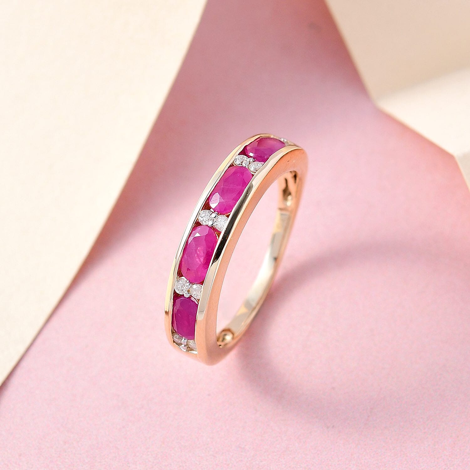 9K Yellow Gold Pink Tourmaline and Diamond Half Eternity Ring 1.09 Ct.