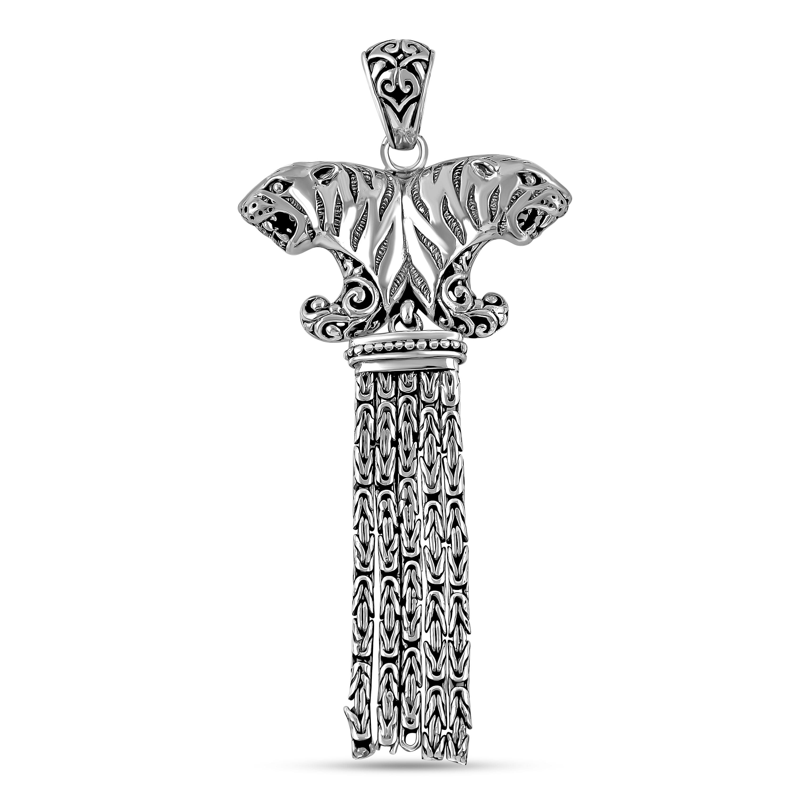 Royal Bali Collection - Handmade Sterling Silver Double Headed Tiger Pendant With Borobodur Tassels