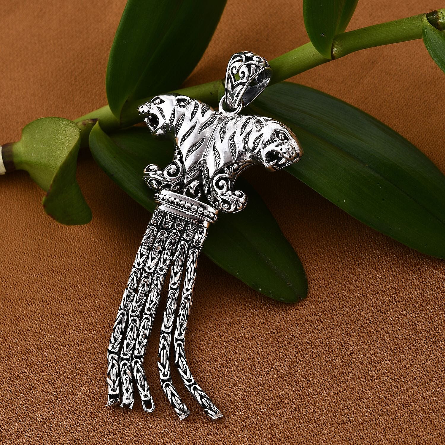 Royal Bali Collection - Handmade Sterling Silver Double Headed Tiger Pendant With Borobodur Tassels