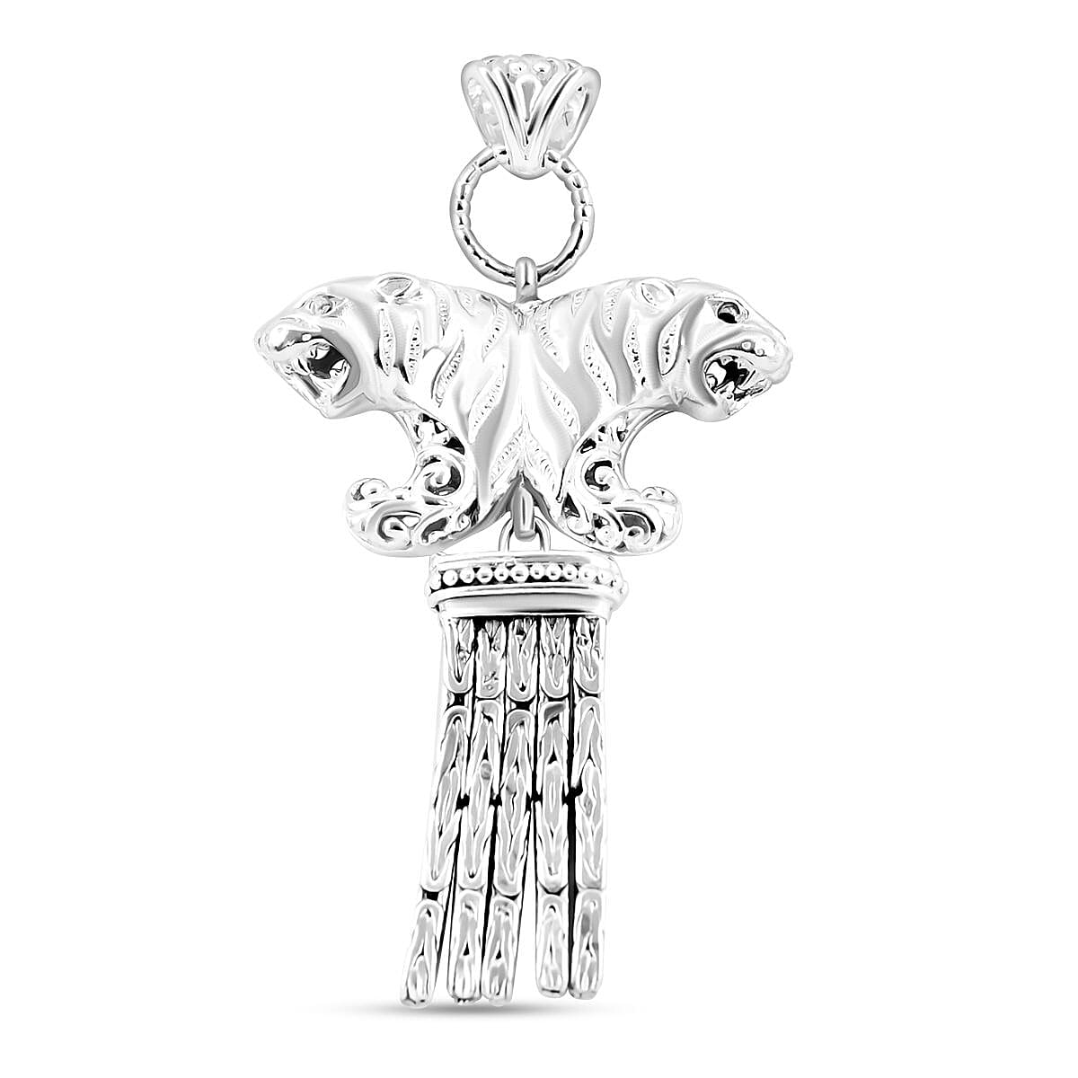 Royal Bali Collection - Handmade Sterling Silver Double Headed Tiger Pendant With Borobodur Tassels
