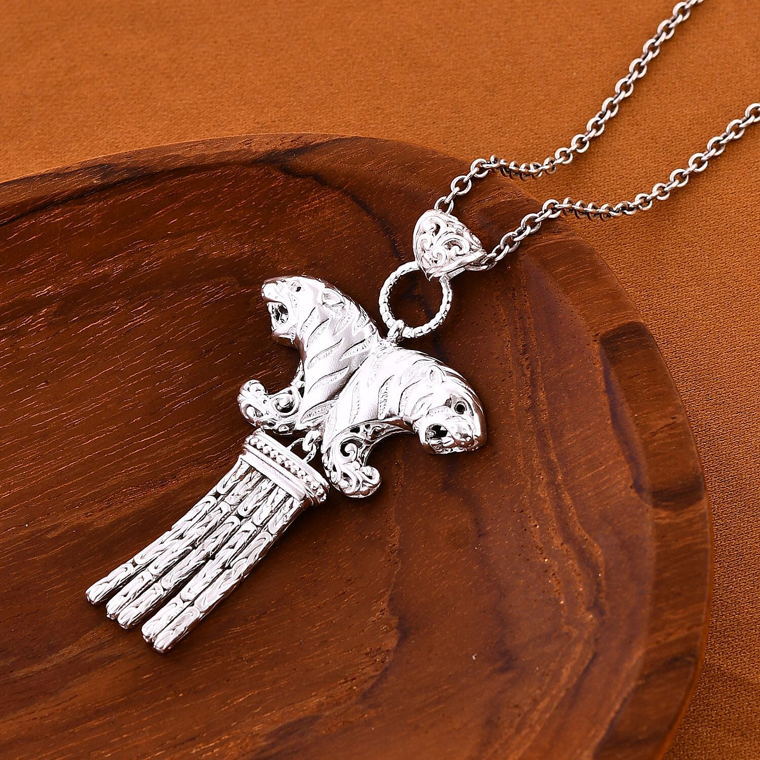 Royal Bali Collection - Handmade Sterling Silver Double Headed Tiger Pendant With Borobodur Tassels