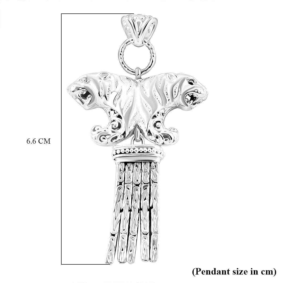 Royal Bali Collection - Handmade Sterling Silver Double Headed Tiger Pendant With Borobodur Tassels