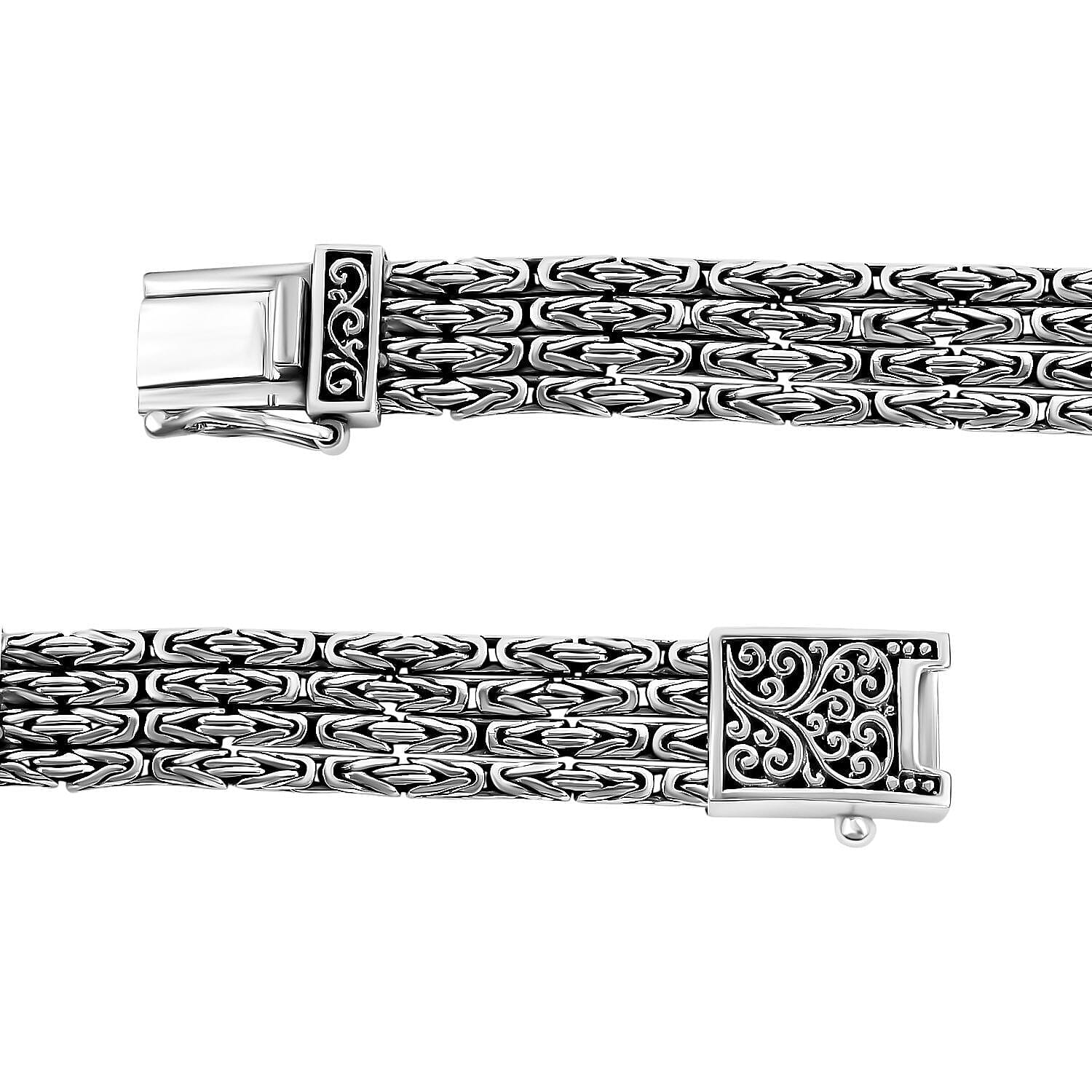 Closeout Deal- Royal Bali Handmade 3 Row Borobudur Bracelet in Sterling Silver (Size - 7.5), Silver Wt. 43 Gms