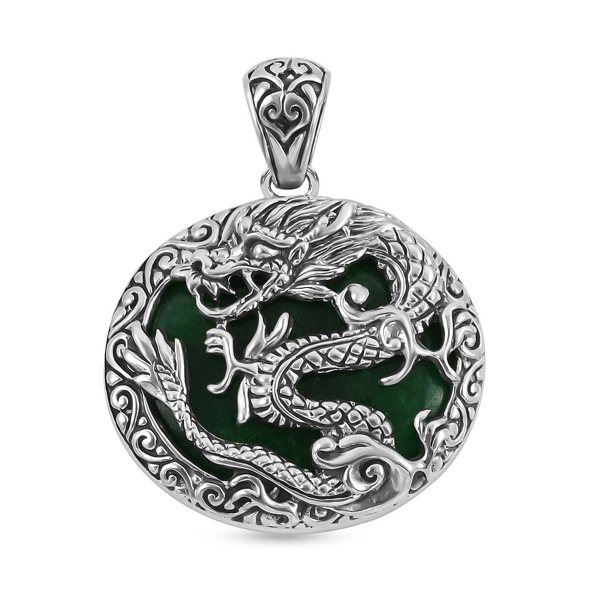 Royal Bali Collection - Green Jade Dragon Pendant in Sterling Silver 60.00 Ct, Silver Wt. 10 Gms