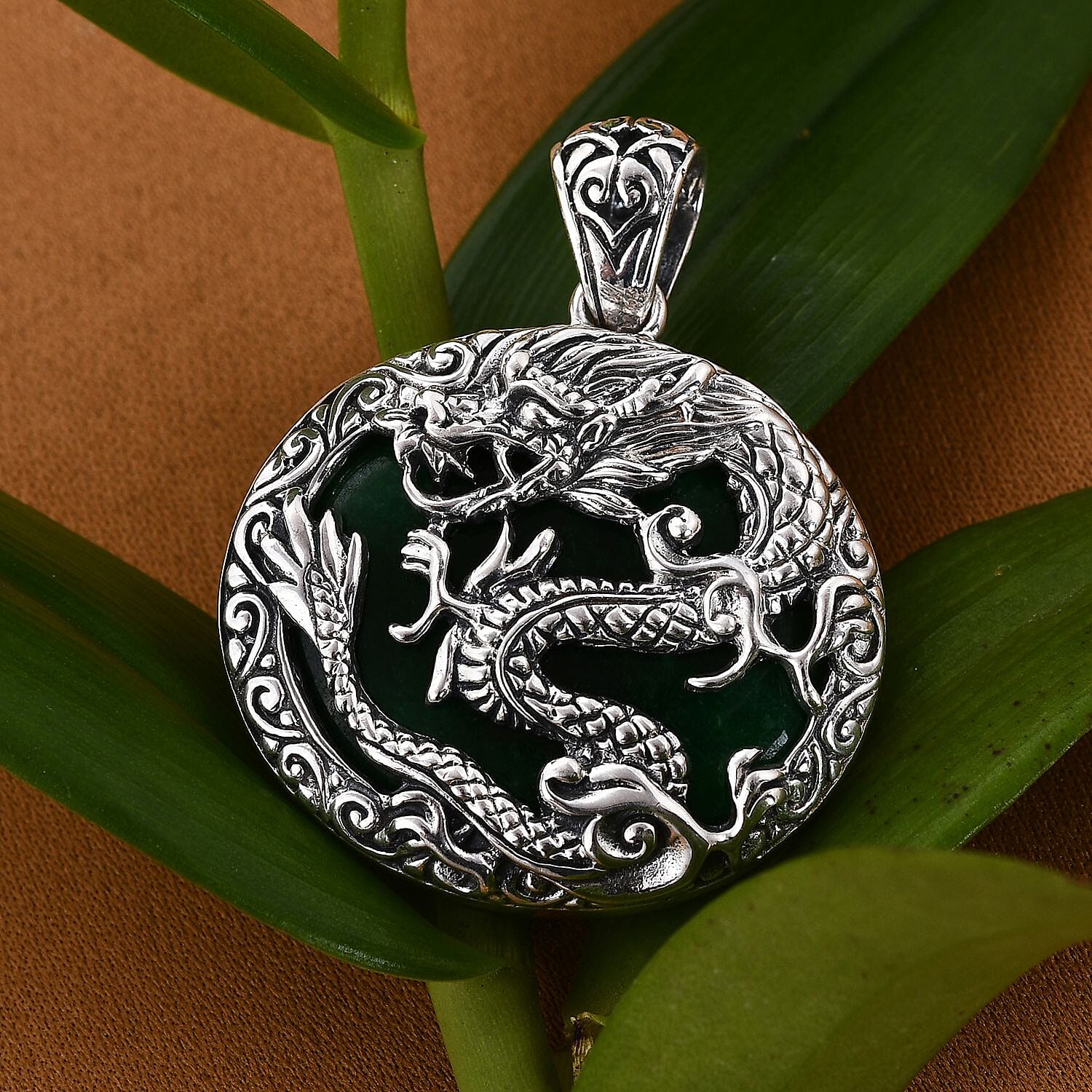 Royal Bali Collection - Green Jade Dragon Pendant in Sterling Silver 60.00 Ct, Silver Wt. 10 Gms
