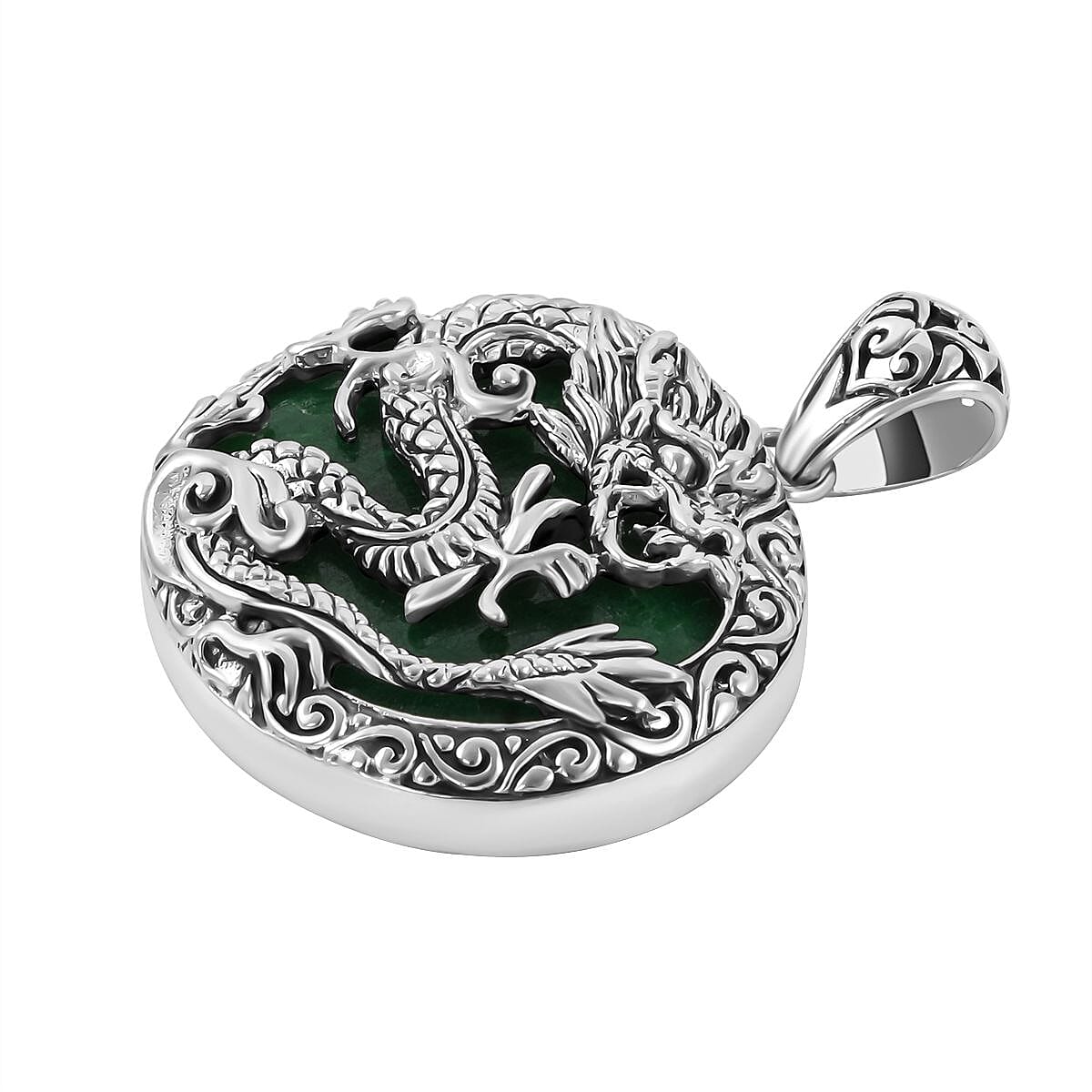 Royal Bali Collection - Green Jade Dragon Pendant in Sterling Silver 60.00 Ct, Silver Wt. 10 Gms