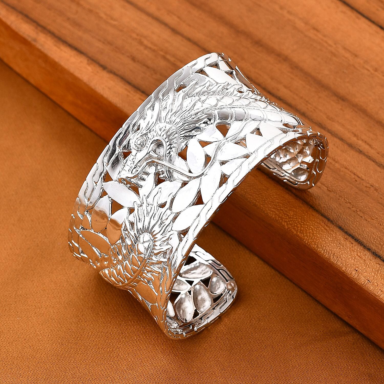 Royal Bali Collection - Dragon Cuff Bangle (Size - 7.25) in Sterling Silver, Silver Wt. 68.77 Gms.