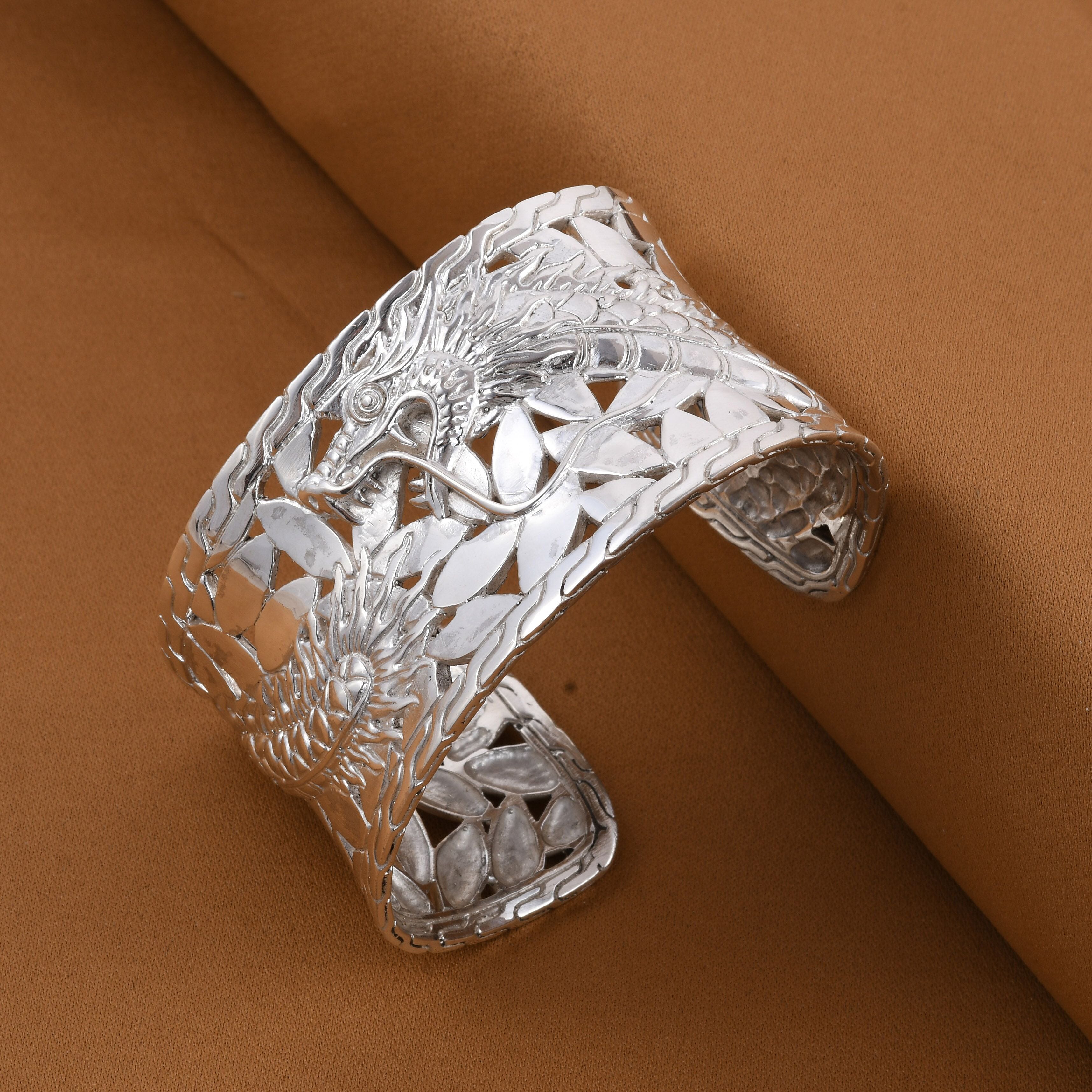 Royal Bali Collection - Dragon Cuff Bangle (Size - 7.25) in Sterling Silver, Silver Wt. 68.77 Gms.
