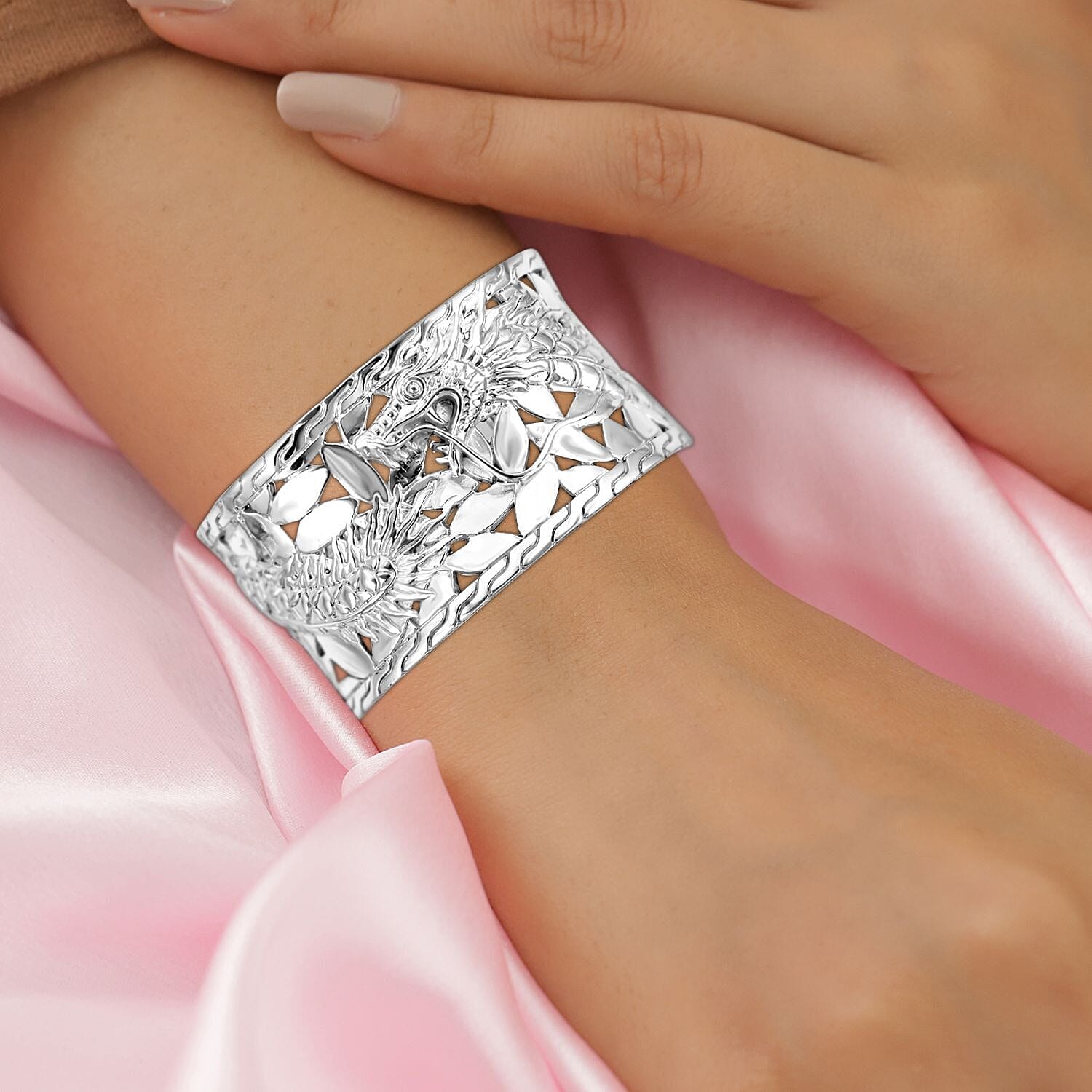 Royal Bali Collection - Dragon Cuff Bangle (Size - 7.25) in Sterling Silver, Silver Wt. 68.77 Gms.