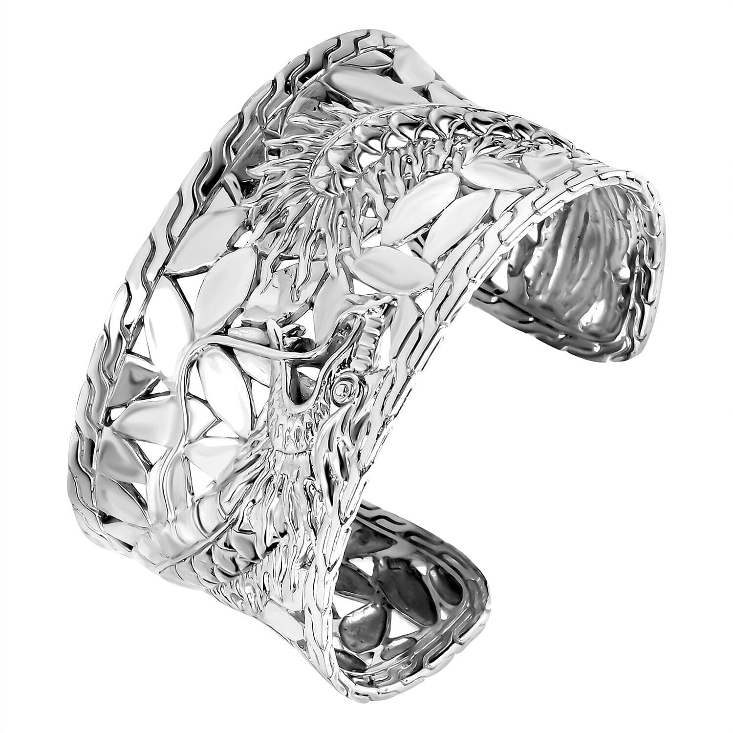 Royal Bali Collection - Dragon Cuff Bangle (Size - 7.25) in Sterling Silver, Silver Wt. 68.77 Gms.