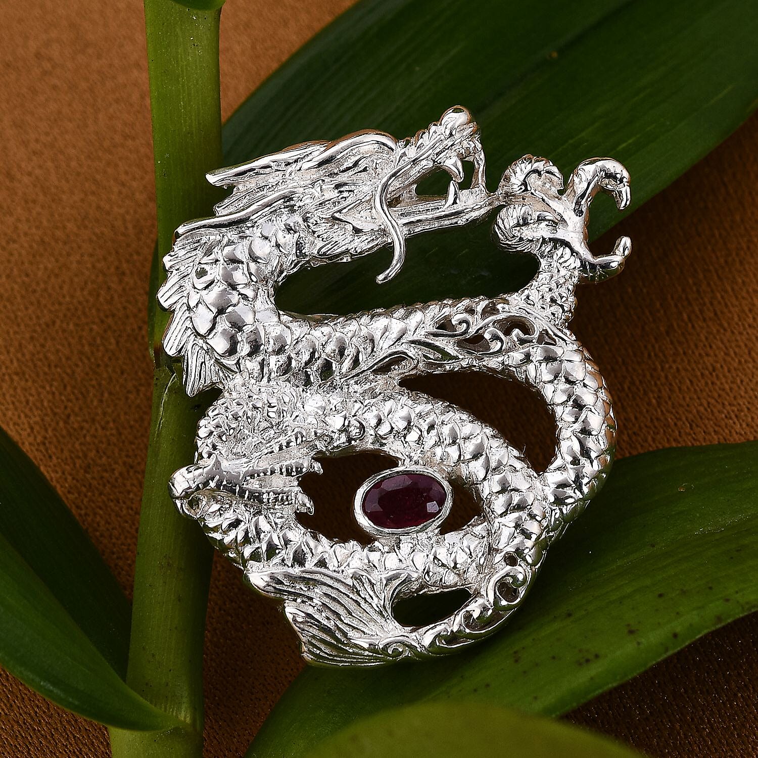 Royal Bali Collection - Ruby Dragon Pendant in Sterling Silver, Silver Wt. 6.77 Gms