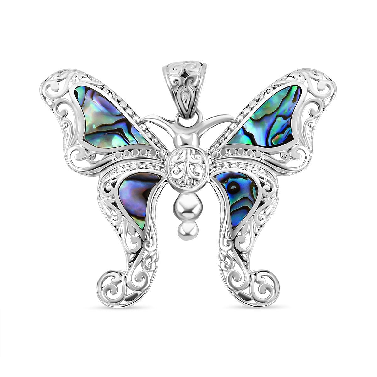 Royal Bali Collection - Abalone Shell Butterfly Pendant in Sterling Silver, Silver Wt. 8.00 Gms