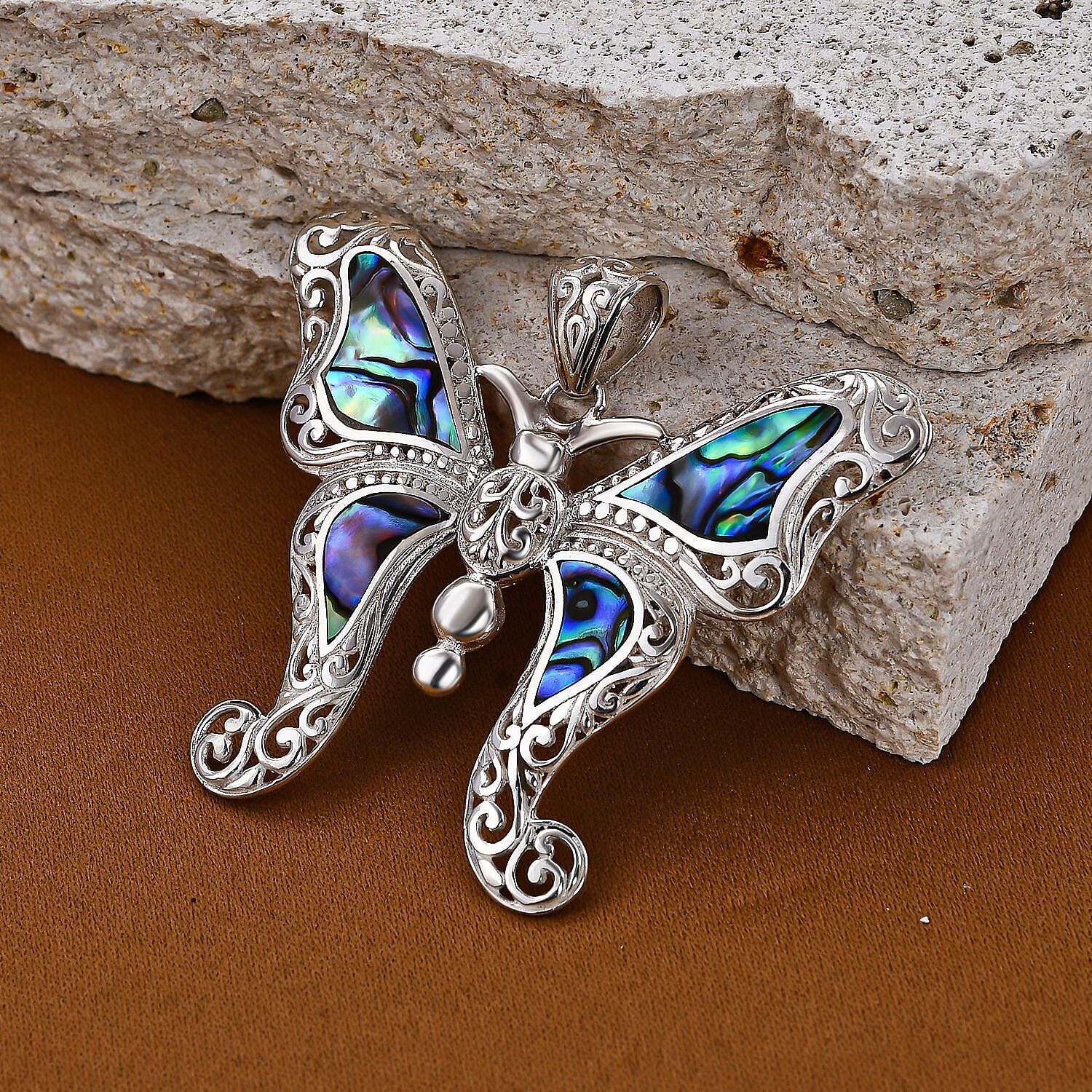 Royal Bali Collection - Abalone Shell Butterfly Pendant in Sterling Silver, Silver Wt. 8.00 Gms