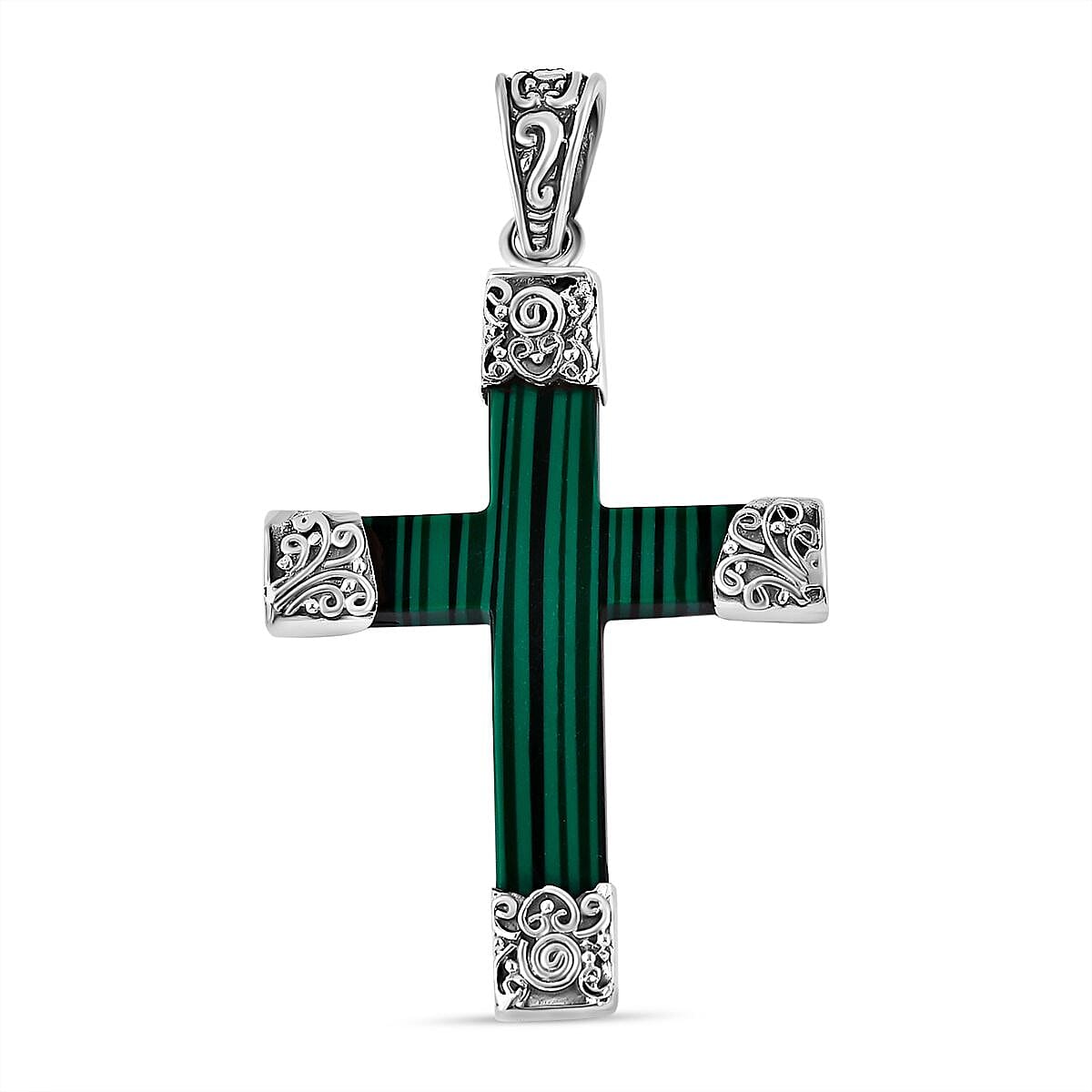 Royal Bali Collection - Malachite Cross Pendant in Sterling Silver 15.00 Ct, Silver Wt. 5 Gms