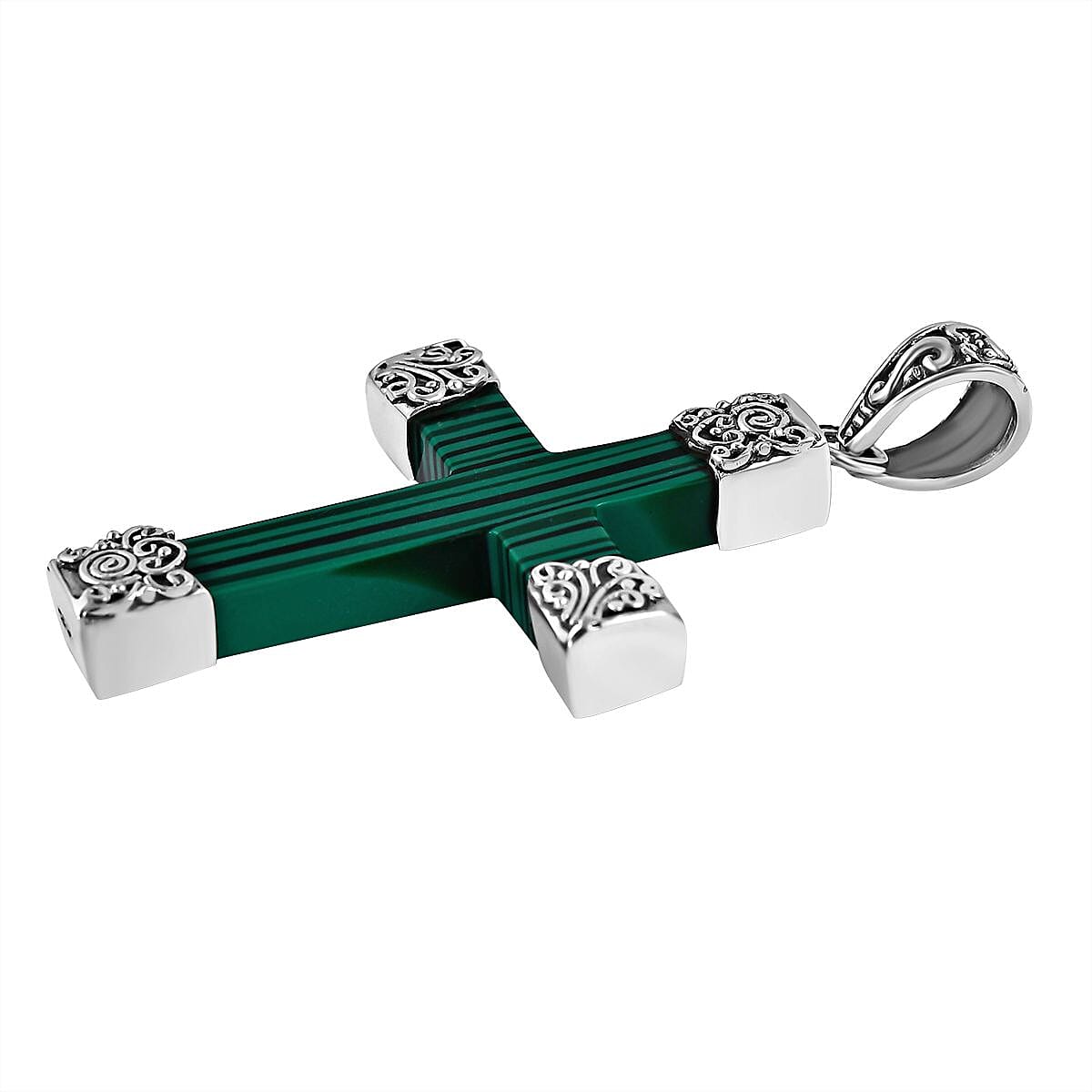 Royal Bali Collection - Malachite Cross Pendant in Sterling Silver 15.00 Ct, Silver Wt. 5 Gms