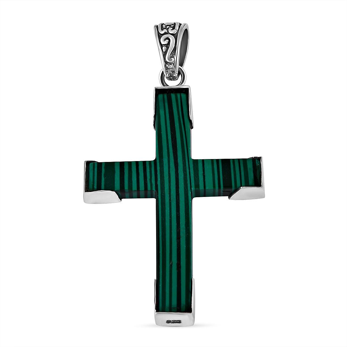 Royal Bali Collection - Malachite Cross Pendant in Sterling Silver 15.00 Ct, Silver Wt. 5 Gms