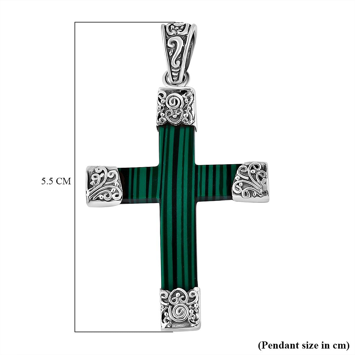 Royal Bali Collection - Malachite Cross Pendant in Sterling Silver 15.00 Ct, Silver Wt. 5 Gms