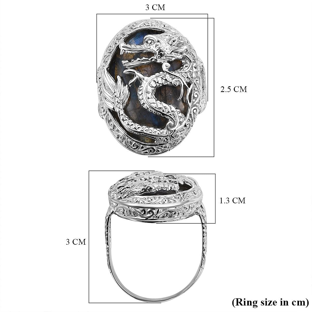 Royal Bali Collection - Labradorite Dragon Ring in Sterling Silver 35.00 Ct, Silver Wt. 7.00 GM