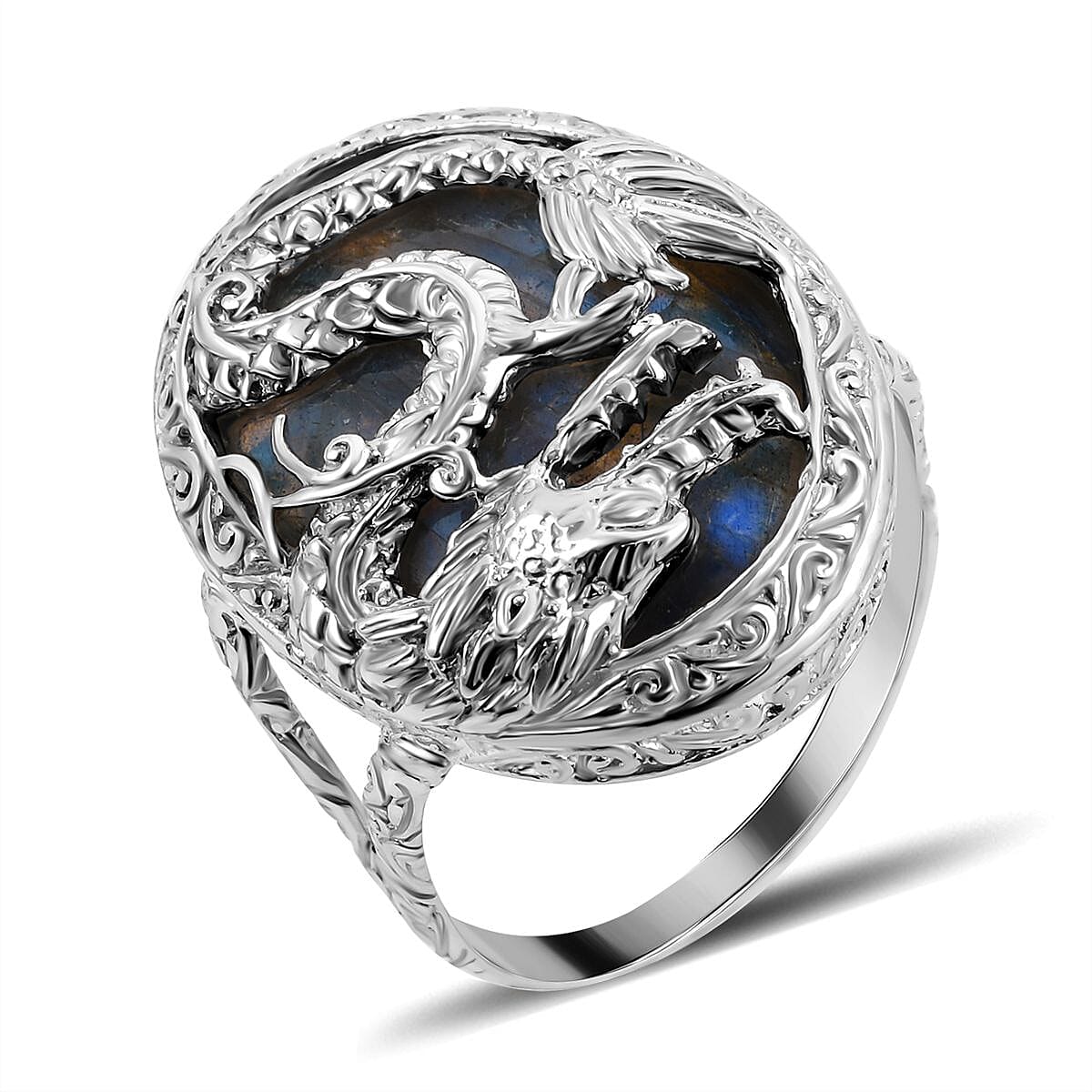 Royal Bali Collection - Labradorite Dragon Ring in Sterling Silver 35.00 Ct, Silver Wt. 7.00 GM