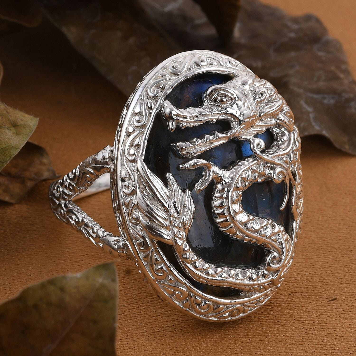 Royal Bali Collection - Labradorite Dragon Ring in Sterling Silver 35.00 Ct, Silver Wt. 7.00 GM