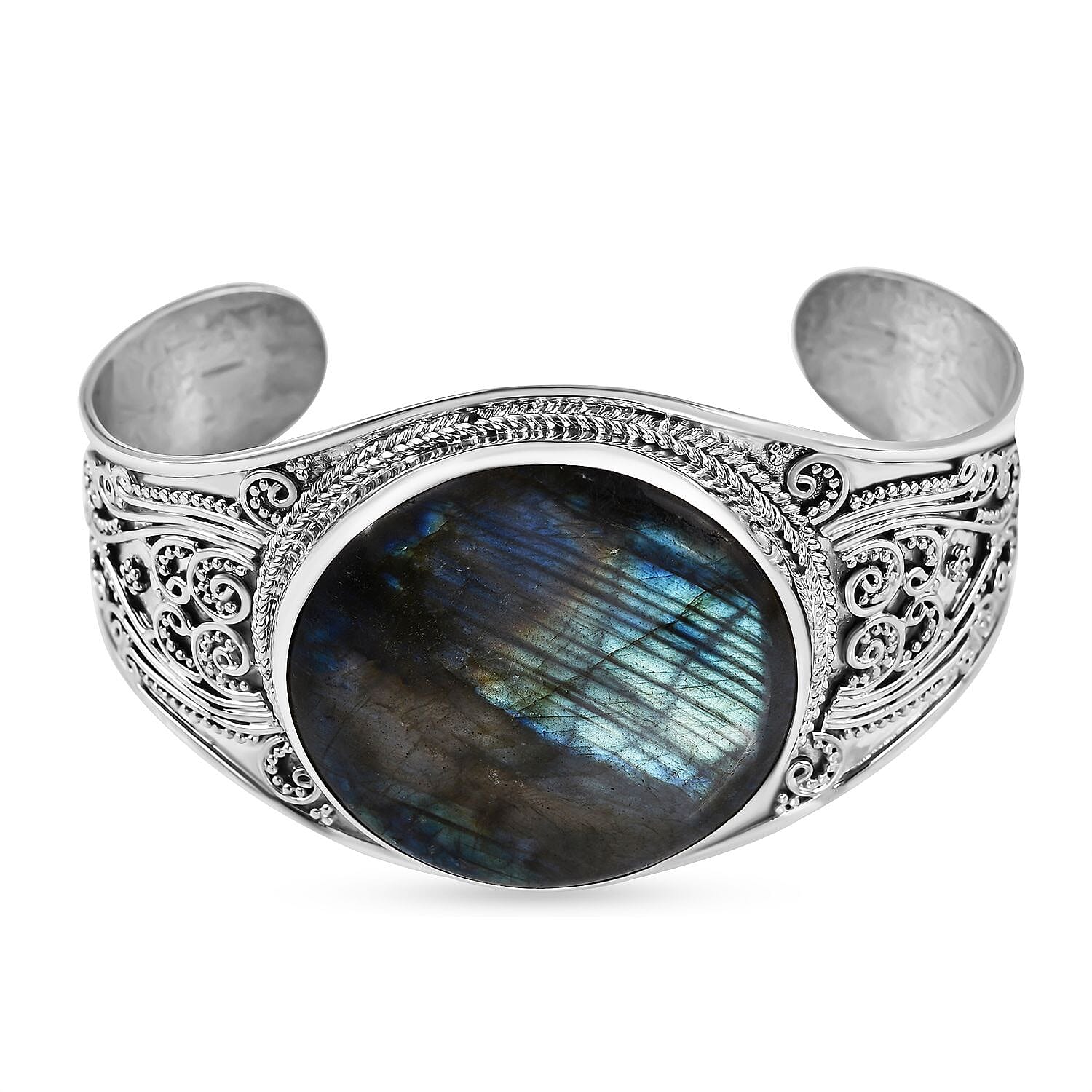 Royal Bali Collection - Labradorite Cuff Bangle (Size - 7.5) in Sterling Silver 120 Ct, Silver Wt. 35.00 GM