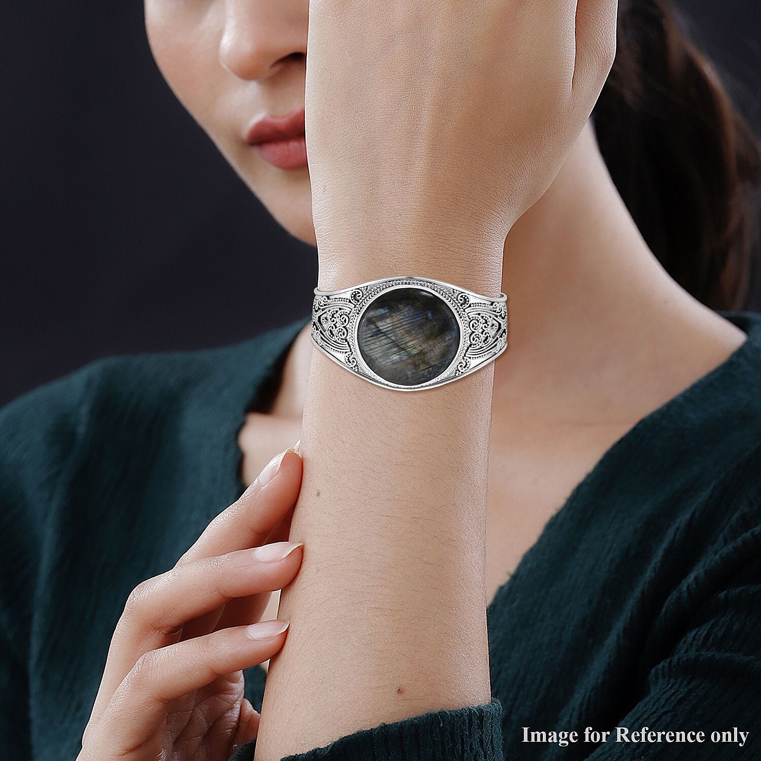 Royal Bali Collection - Labradorite Cuff Bangle (Size - 7.5) in Sterling Silver 120 Ct, Silver Wt. 35.00 GM