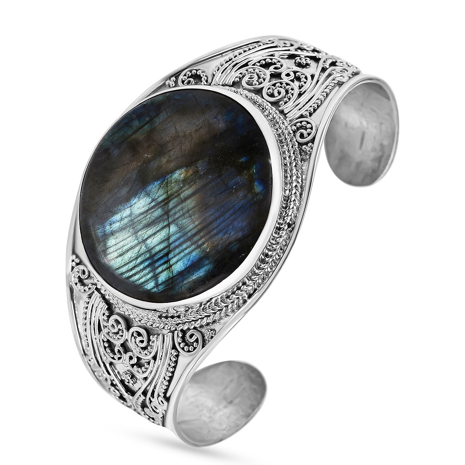 Royal Bali Collection - Labradorite Cuff Bangle (Size - 7.5) in Sterling Silver 120 Ct, Silver Wt. 35.00 GM