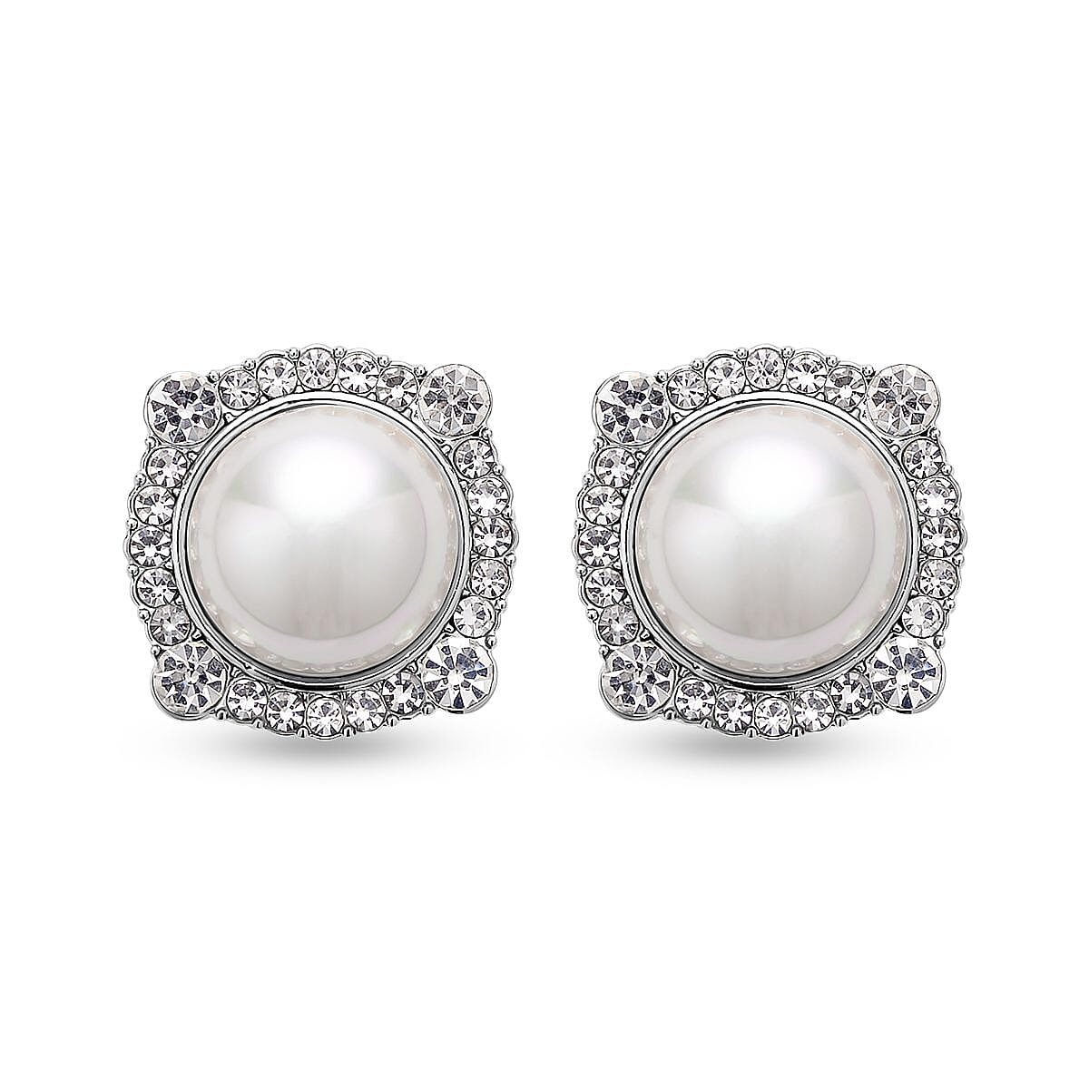 White Austrian Crystal and White Shell Pearl Earrings (With French Clasp) in White Silver Tone.
