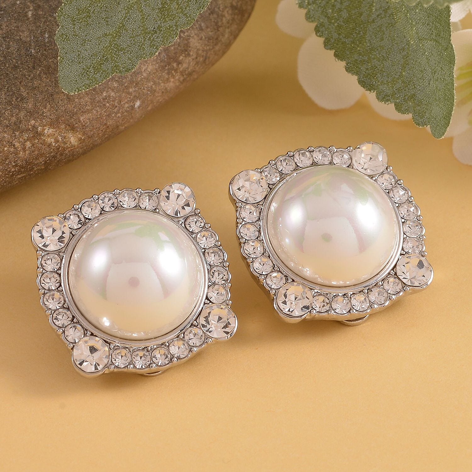 White Austrian Crystal and White Shell Pearl Earrings (With French Clasp) in White Silver Tone.