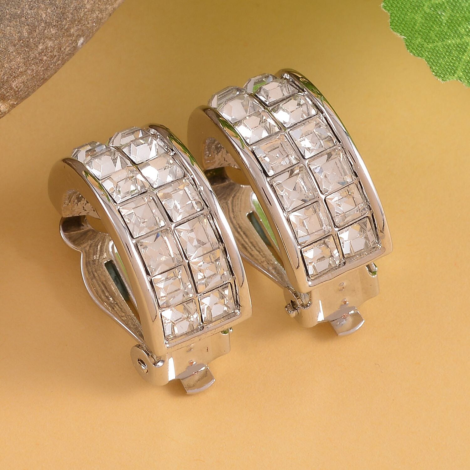 White Austrian Crystal Earrings (with French Clasp) in Yellow Gold Tone