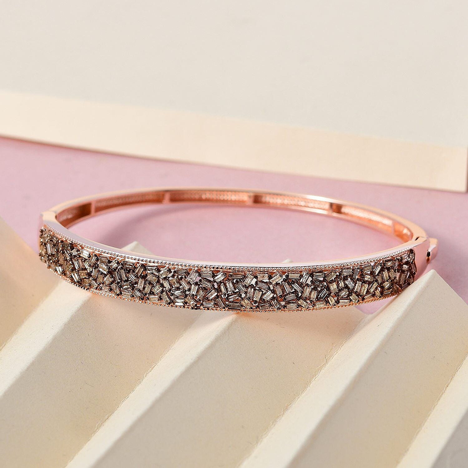 Designer Inspired- Natural Champagne Diamond Bangle (Size- 7.5) in 18K Vermeil Rose Gold Plated Sterling Silver 2.50 Ct.