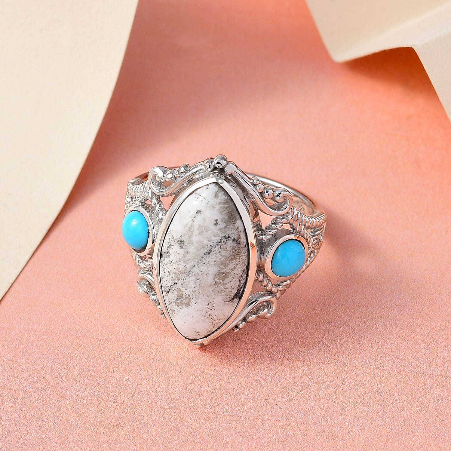 White Buffalo and Arizona Sleeping Beauty Turquoise Ring in Platinum Overlay Sterling Silver 6.703 Ct.