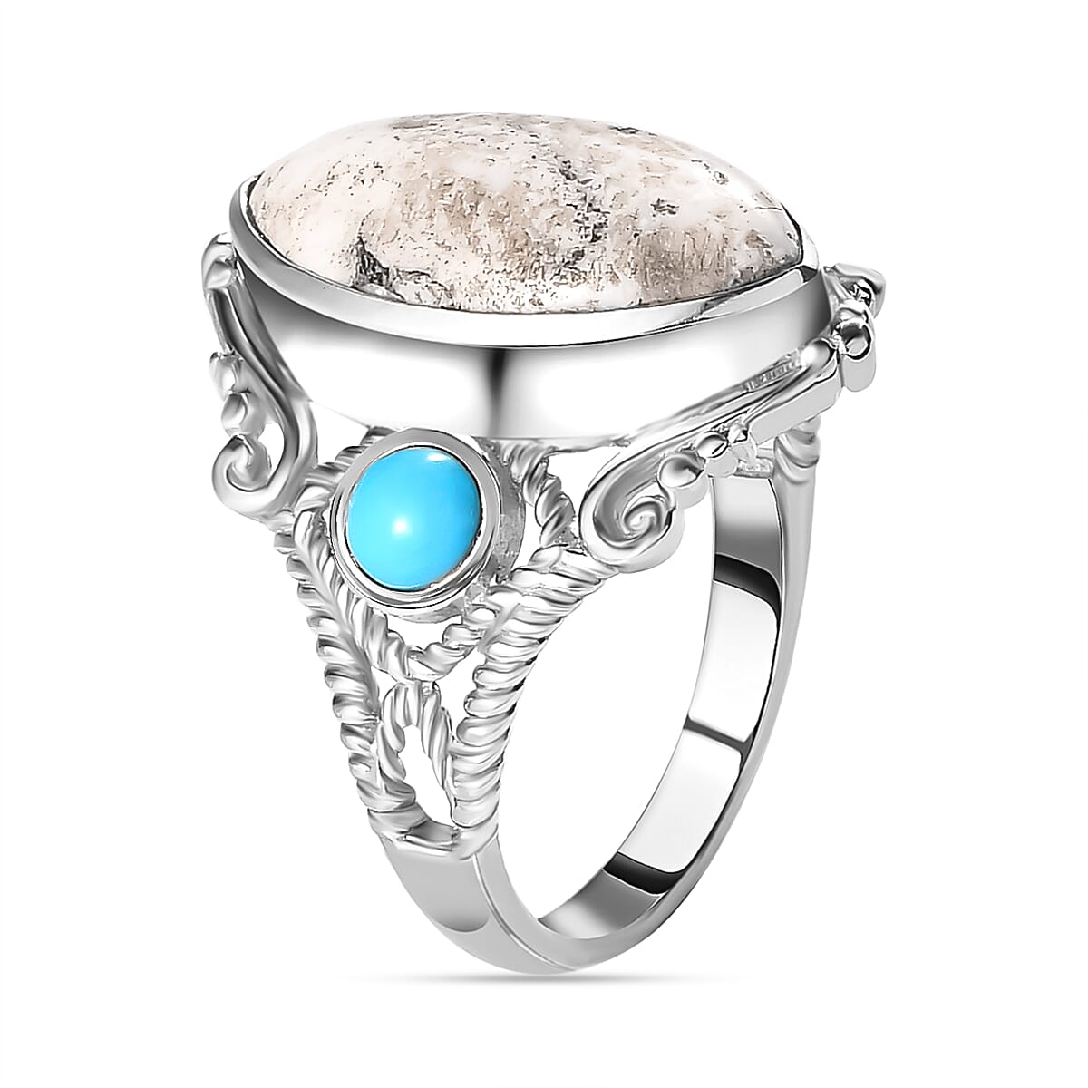 White Buffalo and Arizona Sleeping Beauty Turquoise Ring in Platinum Overlay Sterling Silver 6.703 Ct.