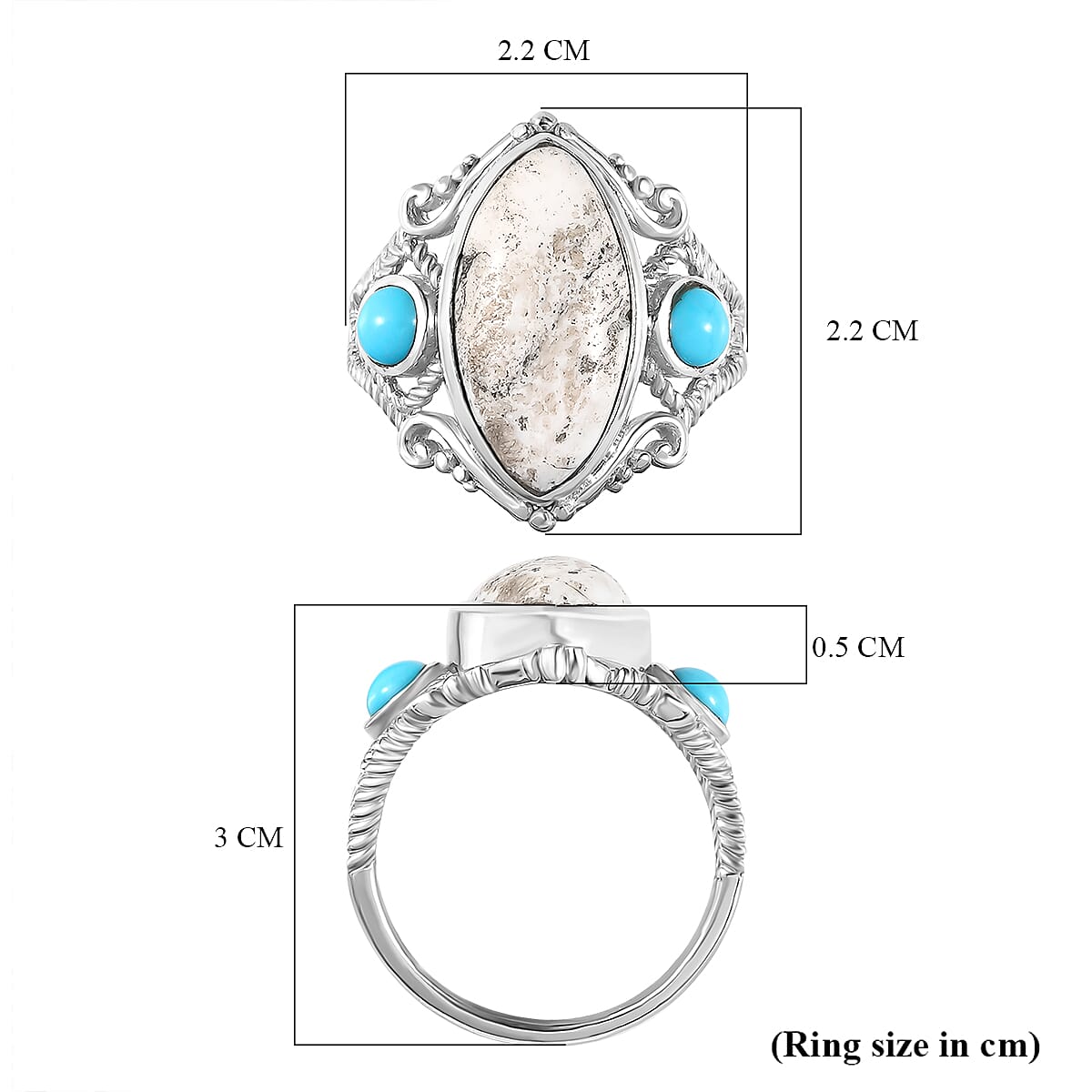 White Buffalo and Arizona Sleeping Beauty Turquoise Ring in Platinum Overlay Sterling Silver 6.703 Ct.