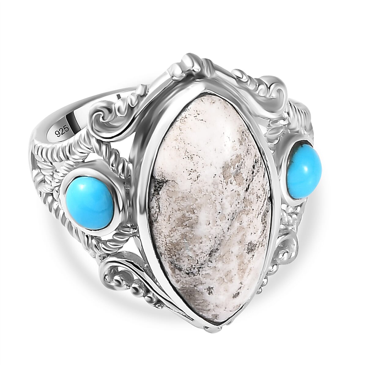 White Buffalo and Arizona Sleeping Beauty Turquoise Ring in Platinum  Overlay Sterling Silver 6.703 Ct.