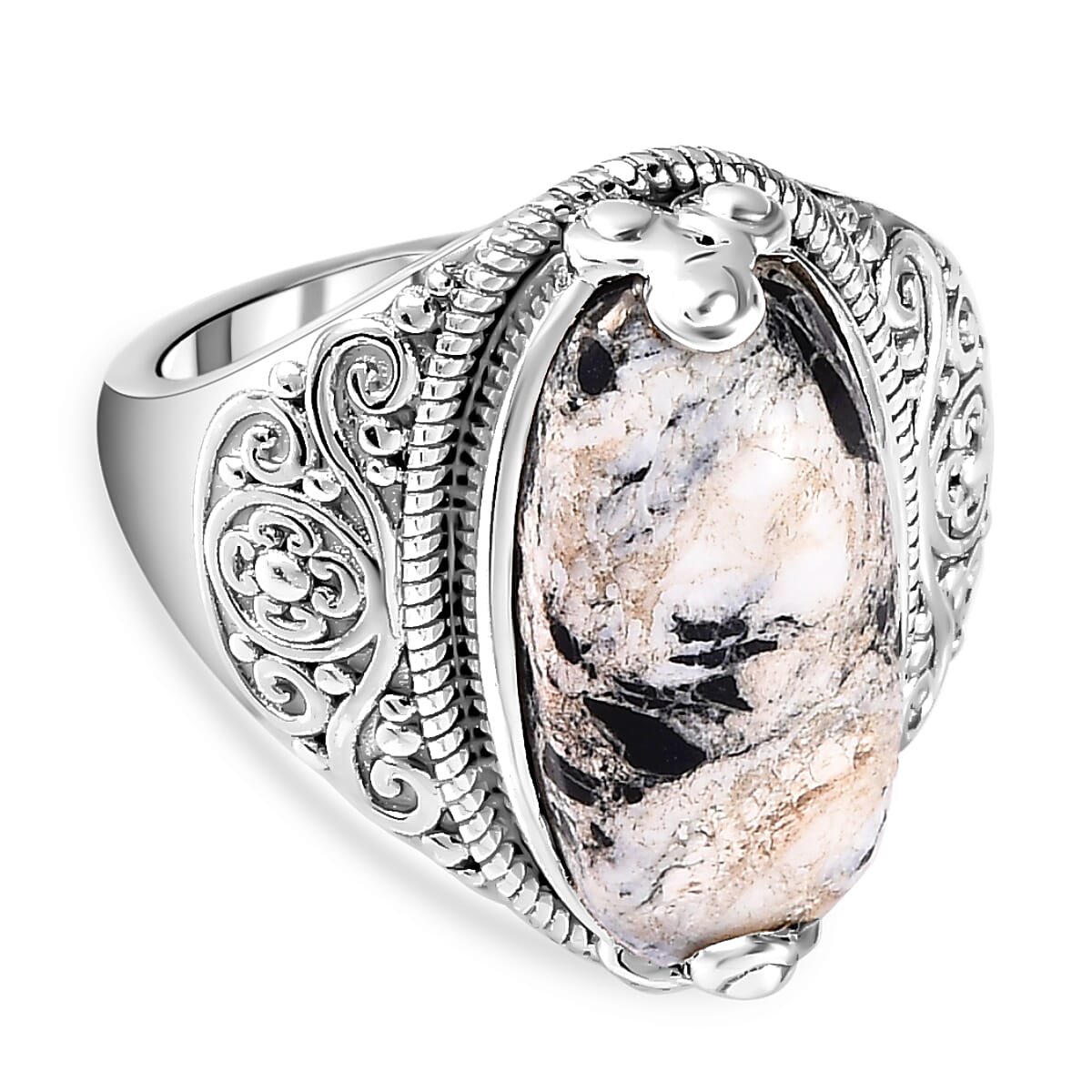 White Buffalo Ring in Platinum Overlay Sterling Silver 7.18 Ct, Silver Wt. 5.46 Gms