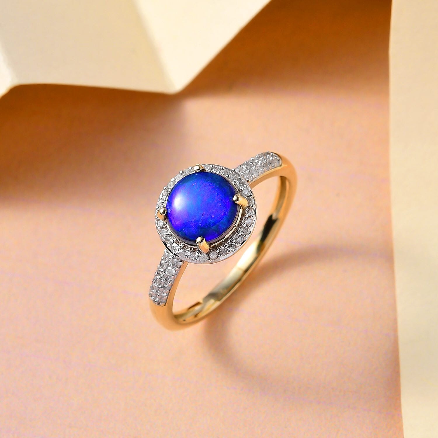 9K Yellow Gold Australian Lightning Ridge Blue Opal and Diamond Ring