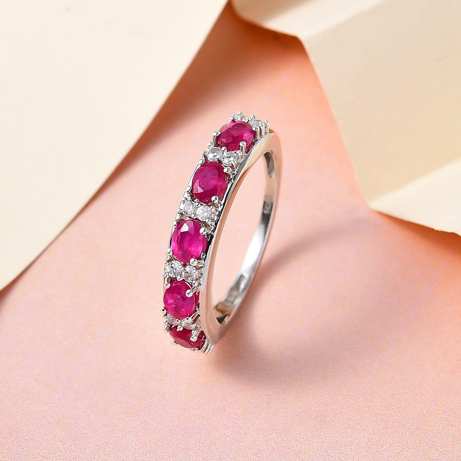 African Ruby and Natural Cambodian Zircon Half Eternity Ring in Platinum Overlay Sterling Silver 1.35 Ct.