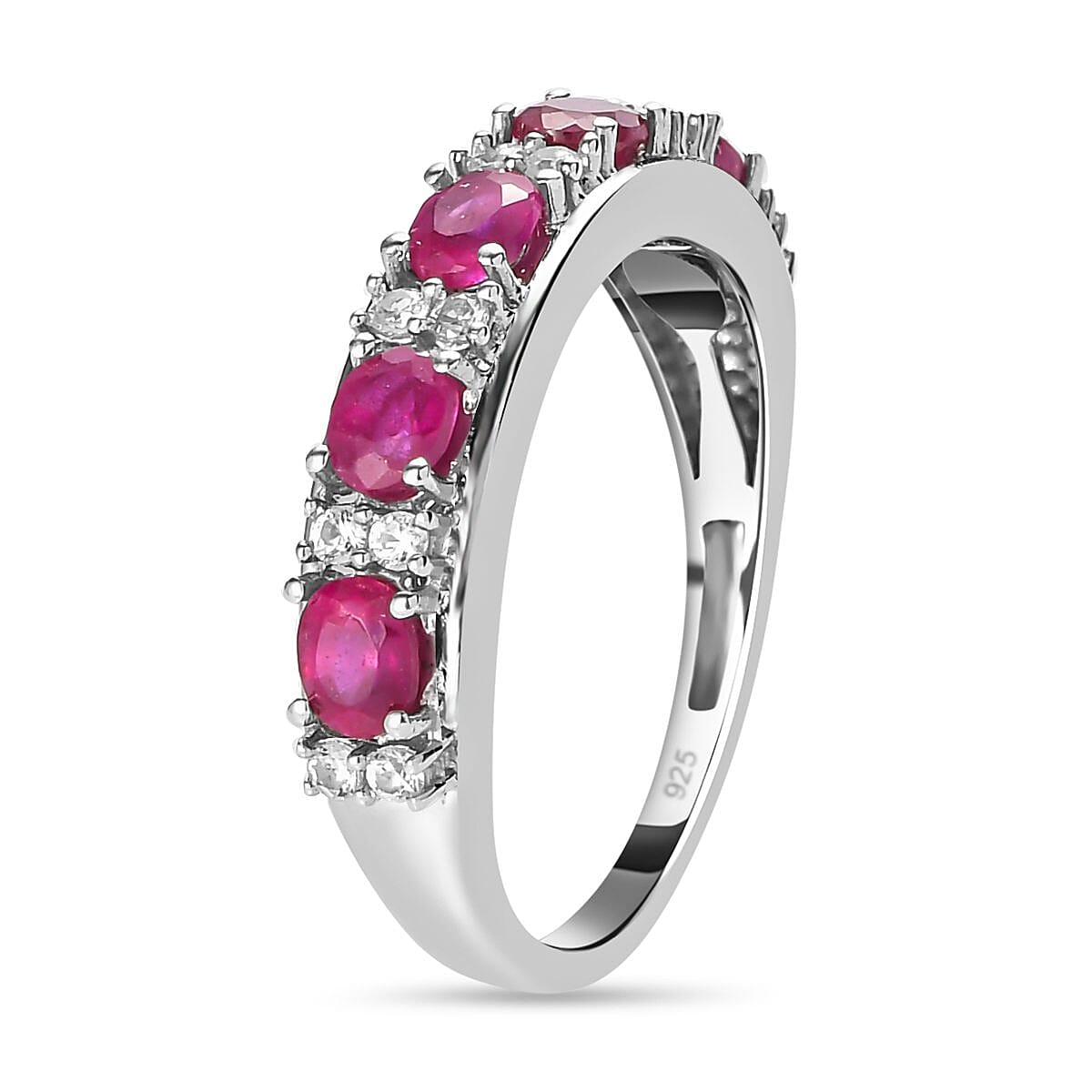 African Ruby and Natural Cambodian Zircon Half Eternity Ring in Platinum Overlay Sterling Silver 1.35 Ct.